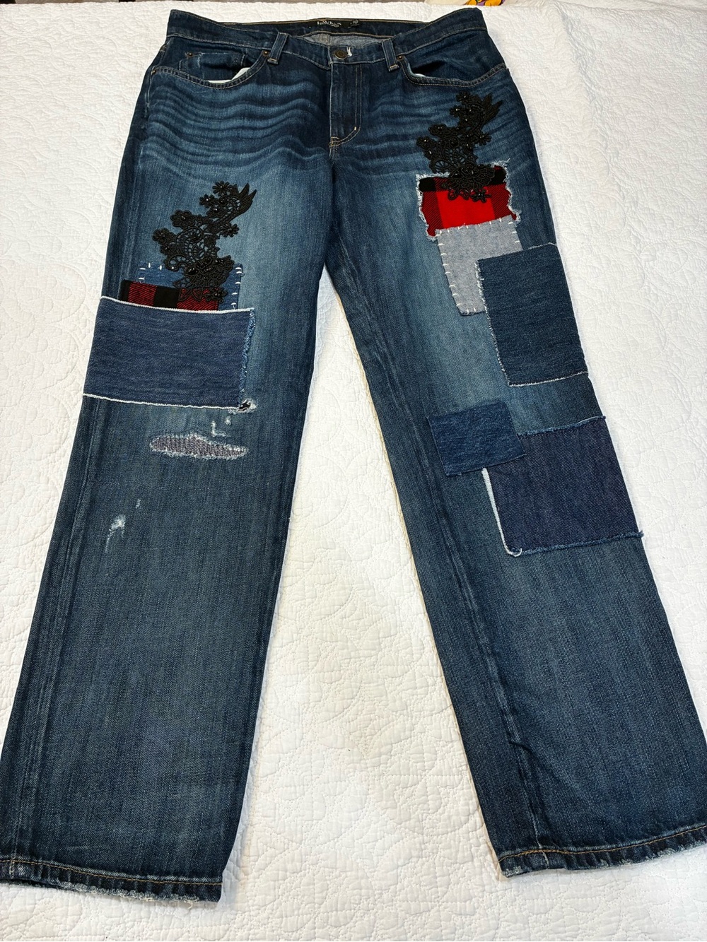 Lauren Ralph Lauren Patchwork Distressed Boyfriend Straight Jeans 8 Lace Plaid